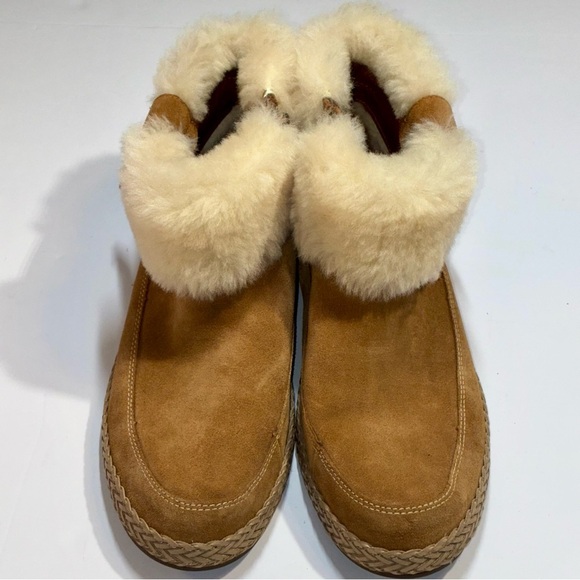 UGG Elowen Moccasin Booties Zip Ankle Boots Chestnut Suede Fur Trim 12 Worn Once - Picture 8 of 11